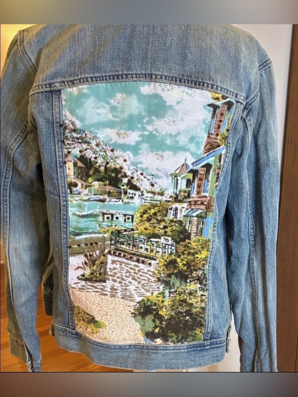 Women's Light Wash Denim Jacket with Scenic Italian villa Back Panel. Handmade